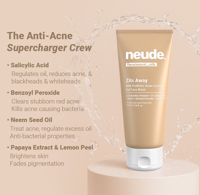 Zits Away Acne Control Gel Face Wash with 2% Salicylic Acid, Neem & Benzoyl Peroxide (Neude Skin) - Neude Skin